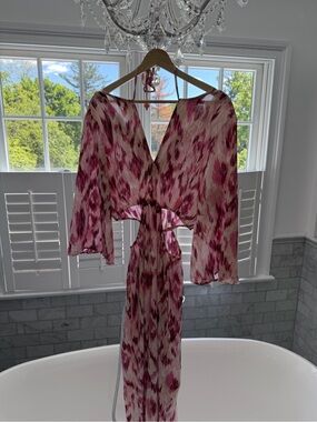 Zara Pink and White Halter Tie-Waist Printed Jumpsuit with Flutter Sleeves